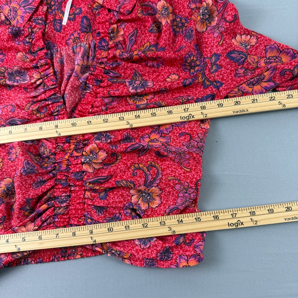 Free People Crop Top L Floral Ruched Blouse Red Pink Boho Bright Slip Smocked - Picture 8 of 16